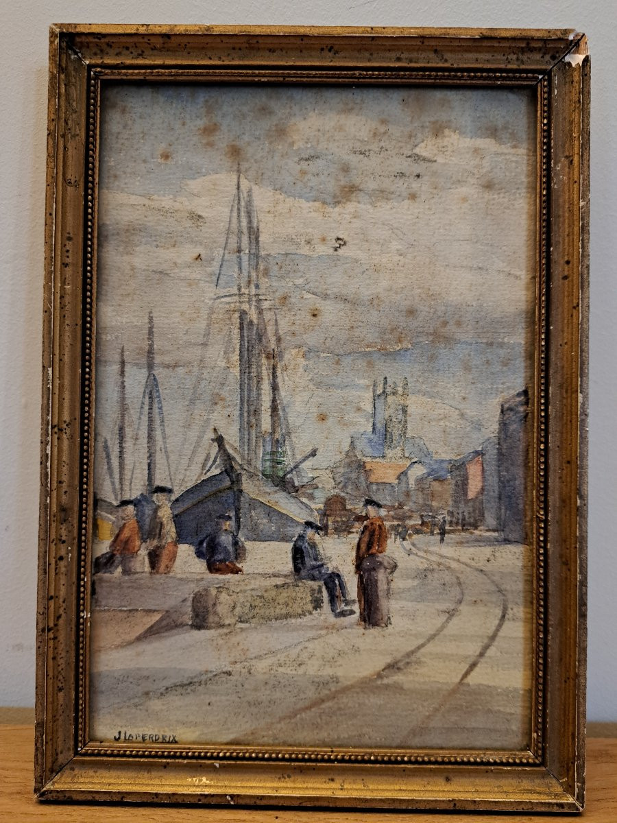 Jean Laperdrix , Voiliers à Quai , Fécamp , Aquarelle , XX°. -photo-3