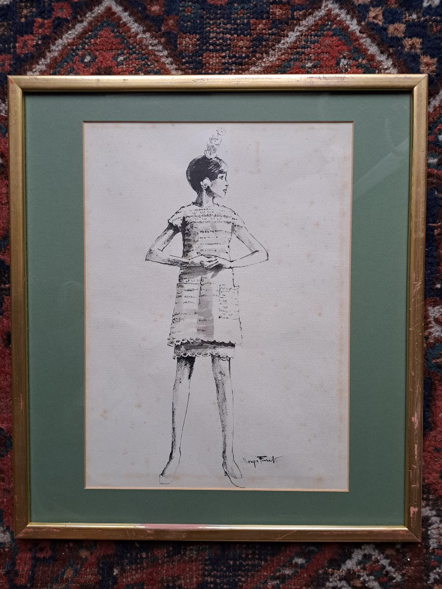 Fashion Drawing, Ink On Paper, 20th Century. -photo-2