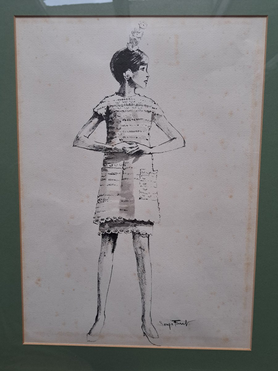Fashion Drawing, Ink On Paper, 20th Century. -photo-3