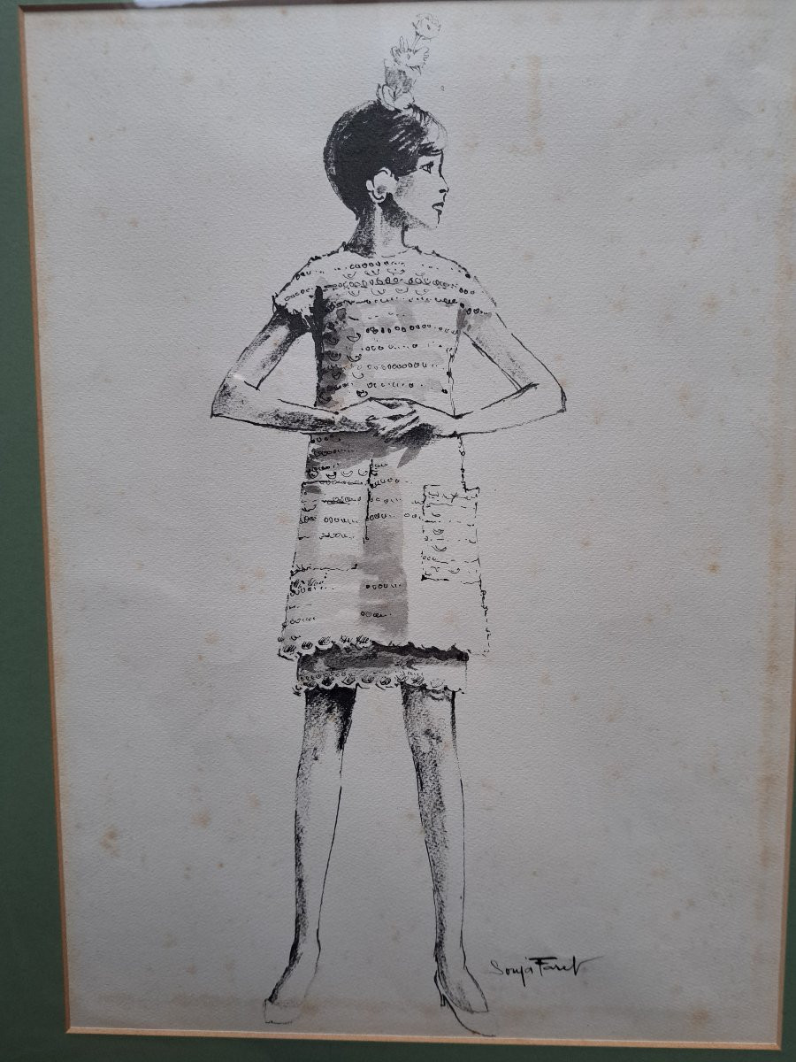 Fashion Drawing, Ink On Paper, 20th Century. -photo-4