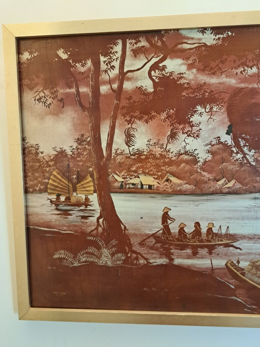 Phat Minh, Sampans On The River, Lacquer Panel, Vietnam, 20th Century. -photo-5