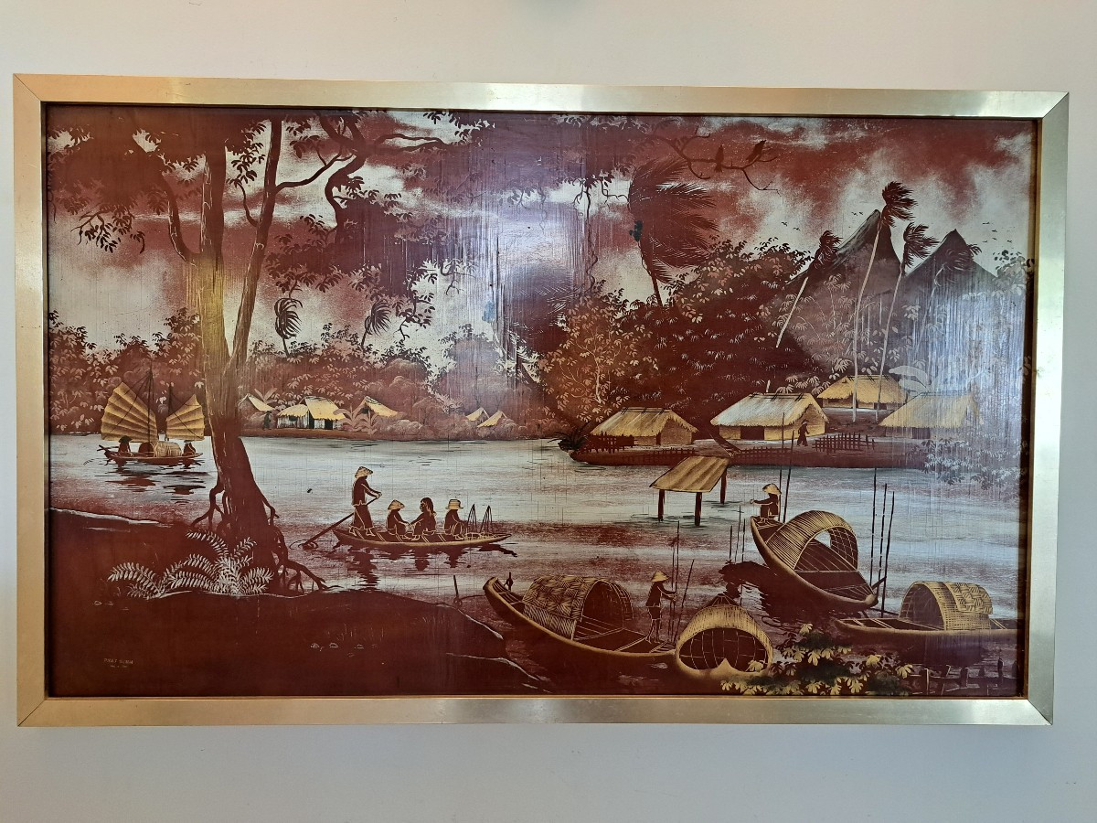 Phat Minh, Sampans On The River, Lacquer Panel, Vietnam, 20th Century. 