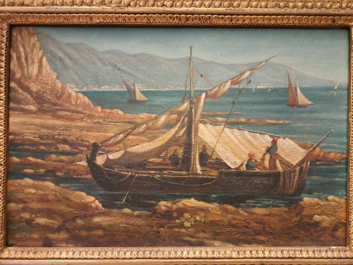 Italian School, Boats On The Seashore, Oil On Canvas, 19th Century. -photo-2