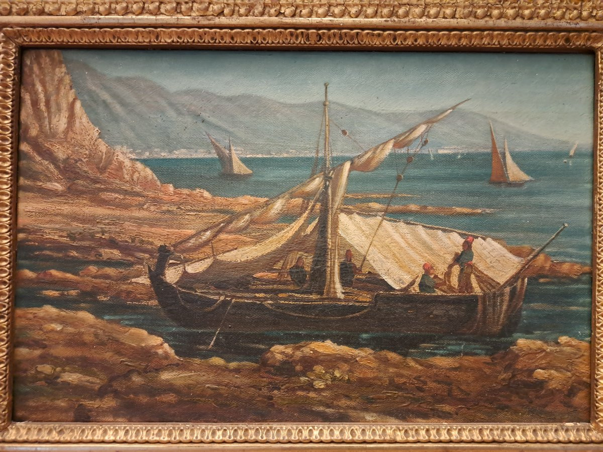Italian School, Boats On The Seashore, Oil On Canvas, 19th Century. -photo-3