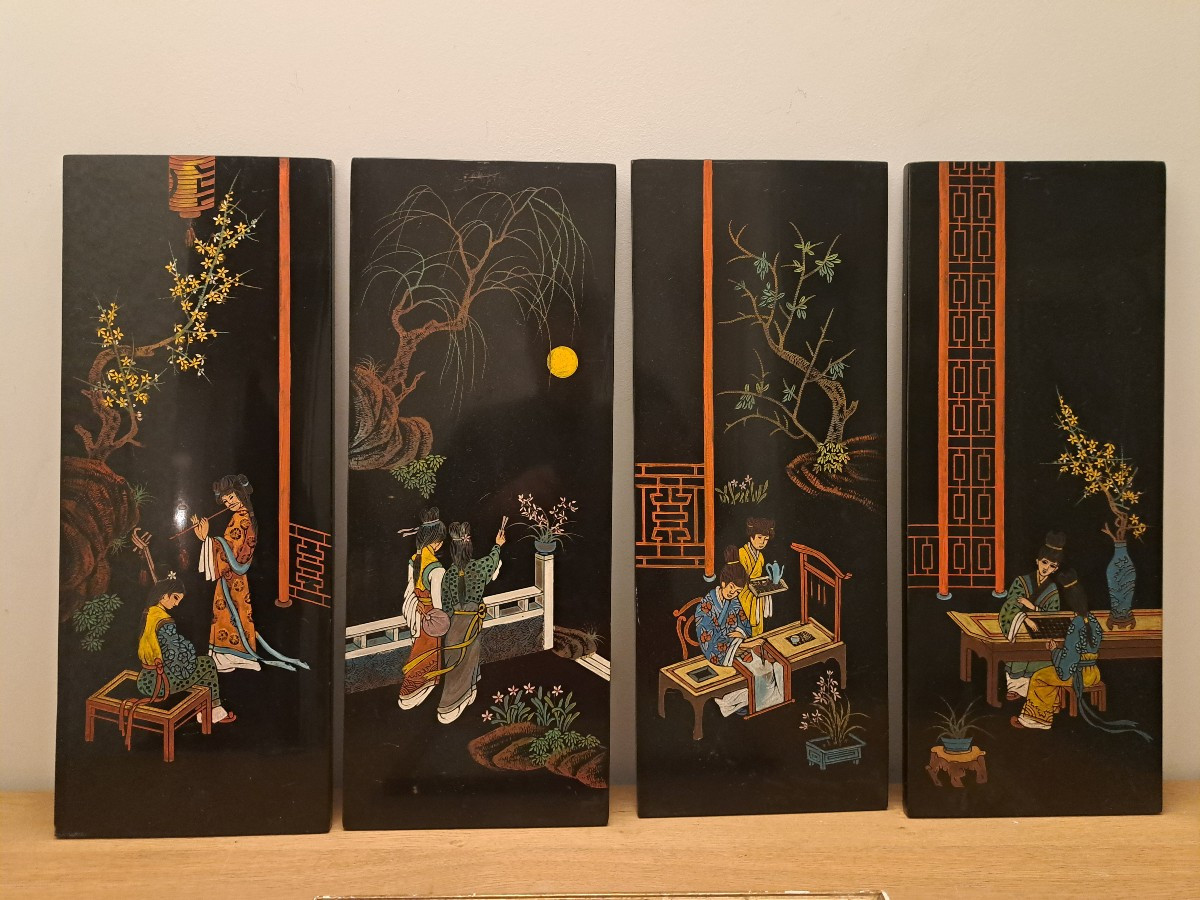 Suite De 4 Panneaux En Laque Incisée , Vietnam , XX°. 