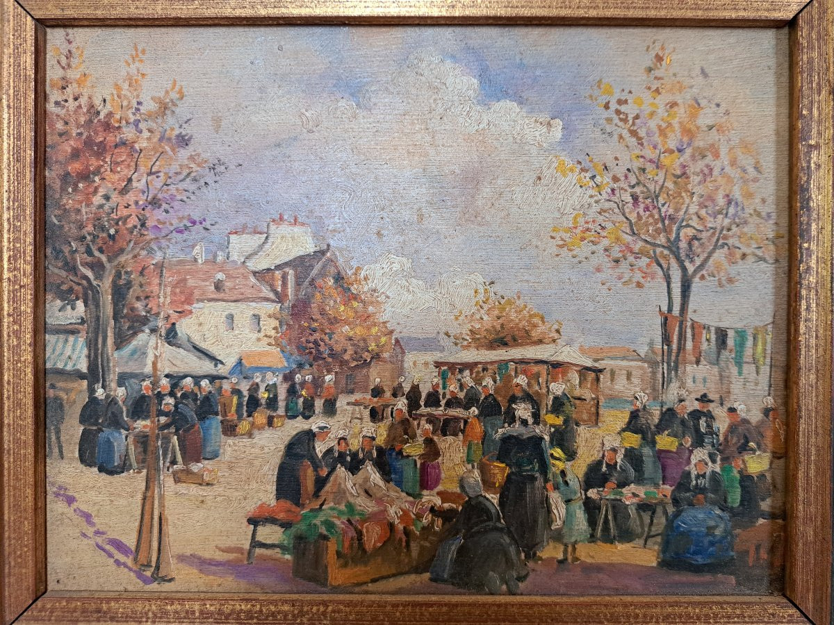 Market In Brittany, Oil On Panel, Early 20th Century. -photo-2