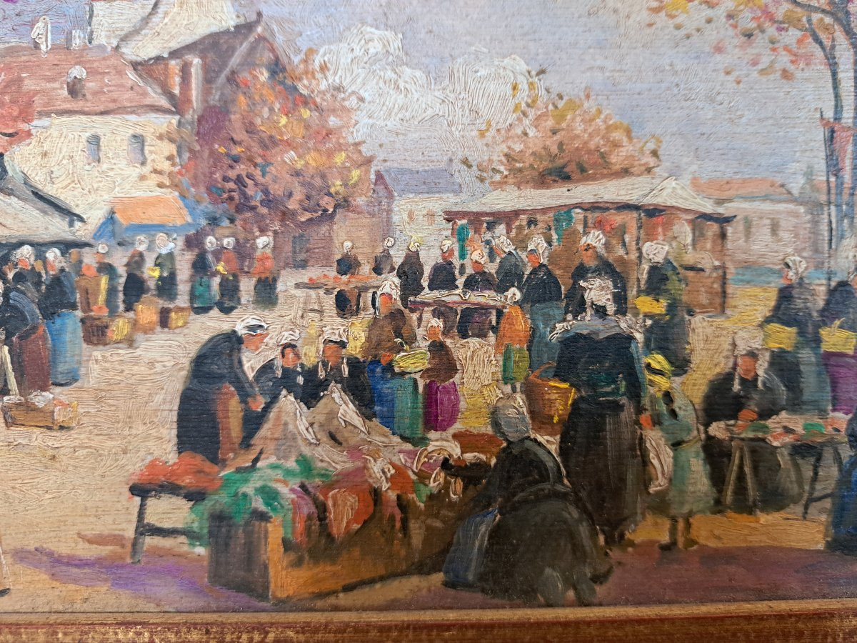 Market In Brittany, Oil On Panel, Early 20th Century. -photo-4