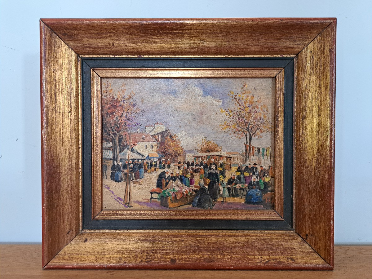 Market In Brittany, Oil On Panel, Early 20th Century. 