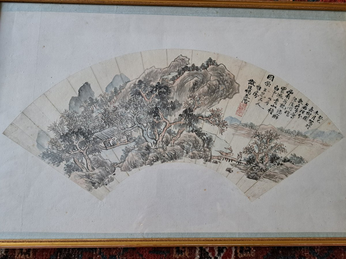Chine , Projet d'éventail , Papier , Encre , Signé , XIX°. -photo-7