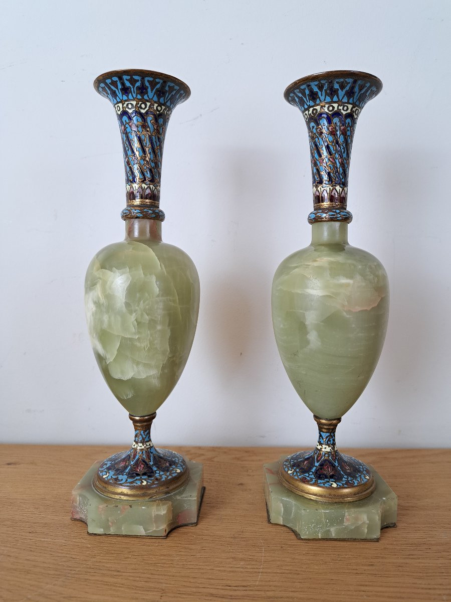 Pair Of Vases, Onyx And Cloisonné Enamel Bronze, Circa 1900. -photo-2