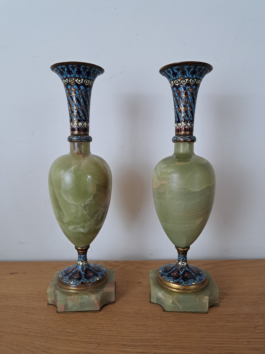 Pair Of Vases, Onyx And Cloisonné Enamel Bronze, Circa 1900. -photo-3