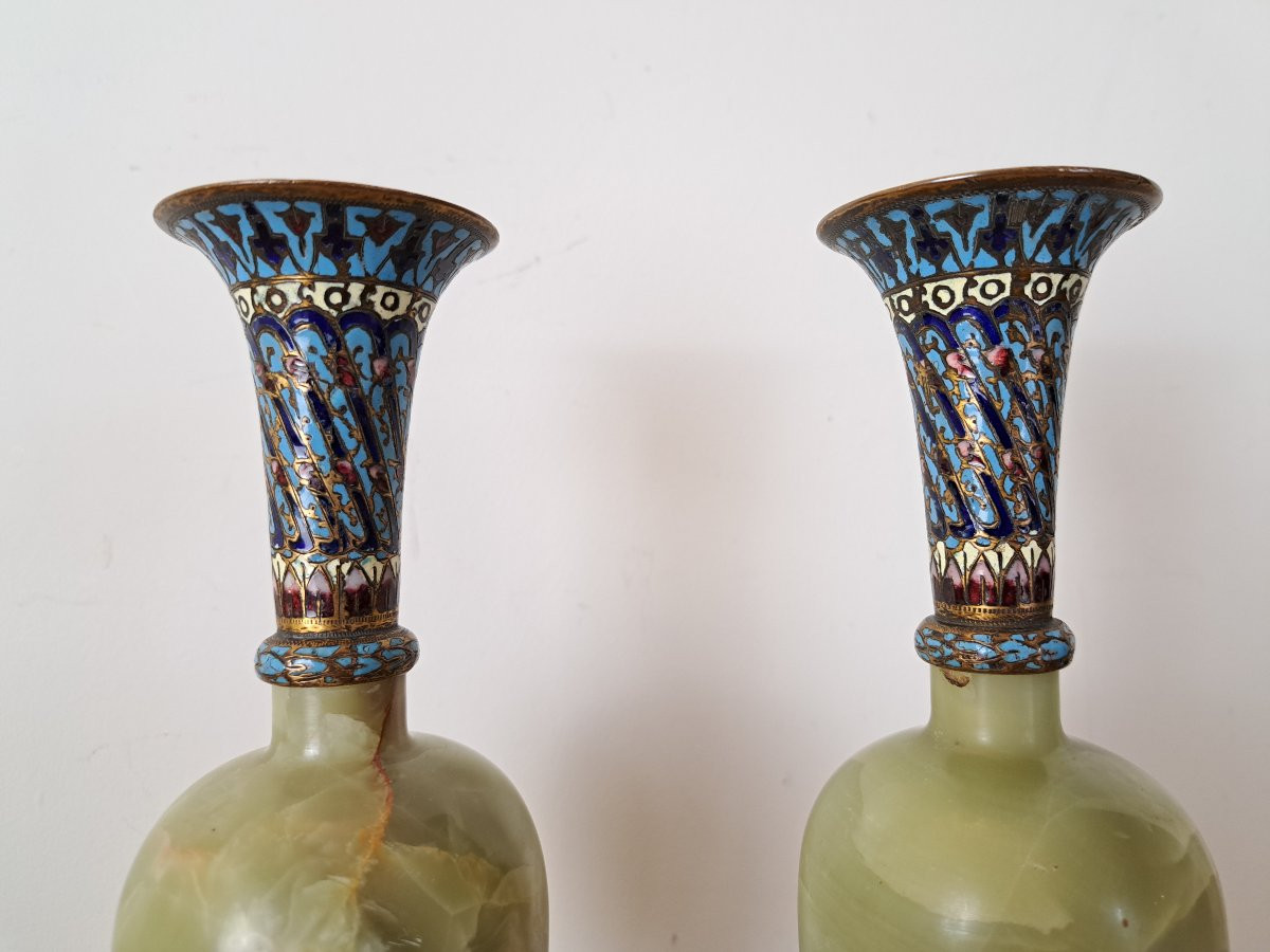 Pair Of Vases, Onyx And Cloisonné Enamel Bronze, Circa 1900. -photo-3