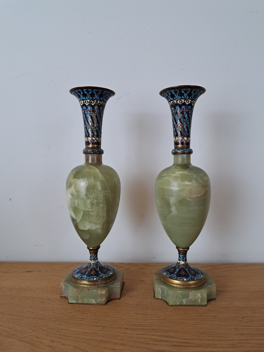 Pair Of Vases, Onyx And Cloisonné Enamel Bronze, Circa 1900. 