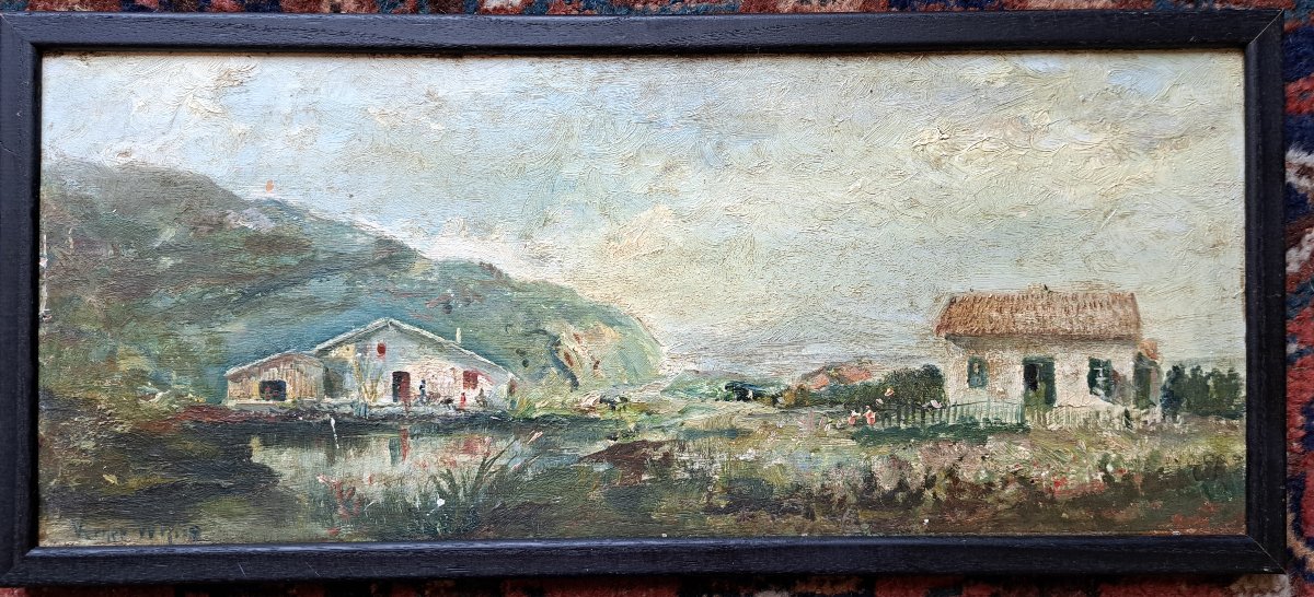 Verner White, "basque Houses", Oil On Panel, Late 19th Century. -photo-3