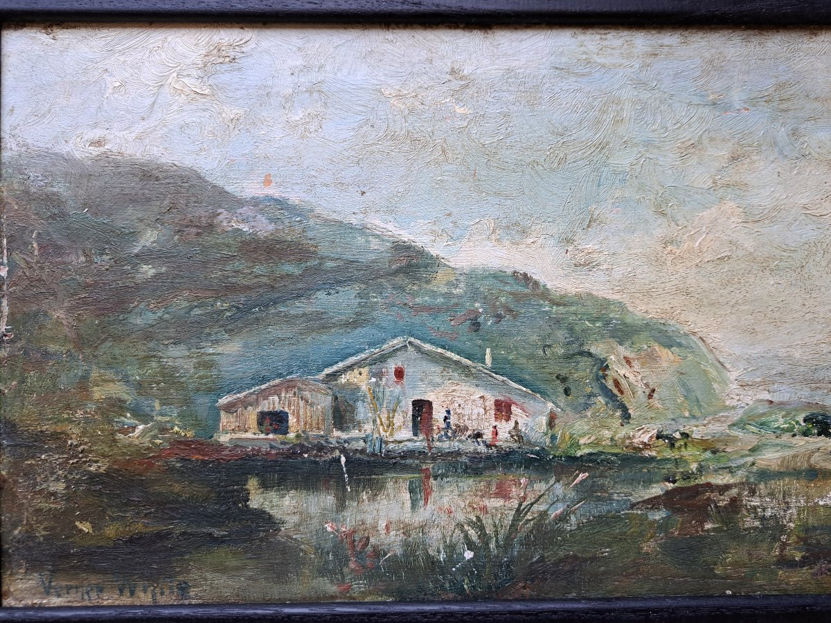 Verner White, "basque Houses", Oil On Panel, Late 19th Century. -photo-2