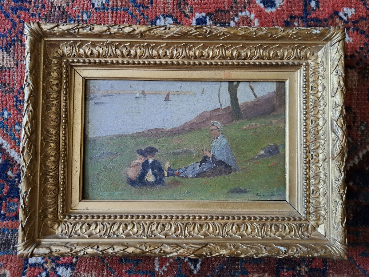 Paul Lecomte , Mère Et Enfants En Bord De Mer , Huile Sur Panneau , Fin XIX°. -photo-2