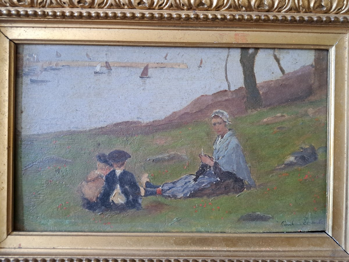 Paul Lecomte , Mère Et Enfants En Bord De Mer , Huile Sur Panneau , Fin XIX°. -photo-3