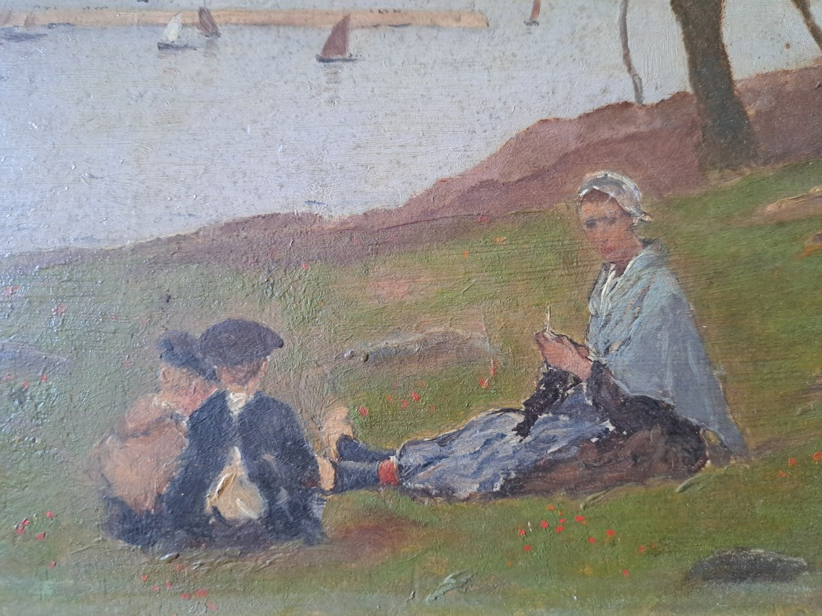 Paul Lecomte , Mère Et Enfants En Bord De Mer , Huile Sur Panneau , Fin XIX°. -photo-4