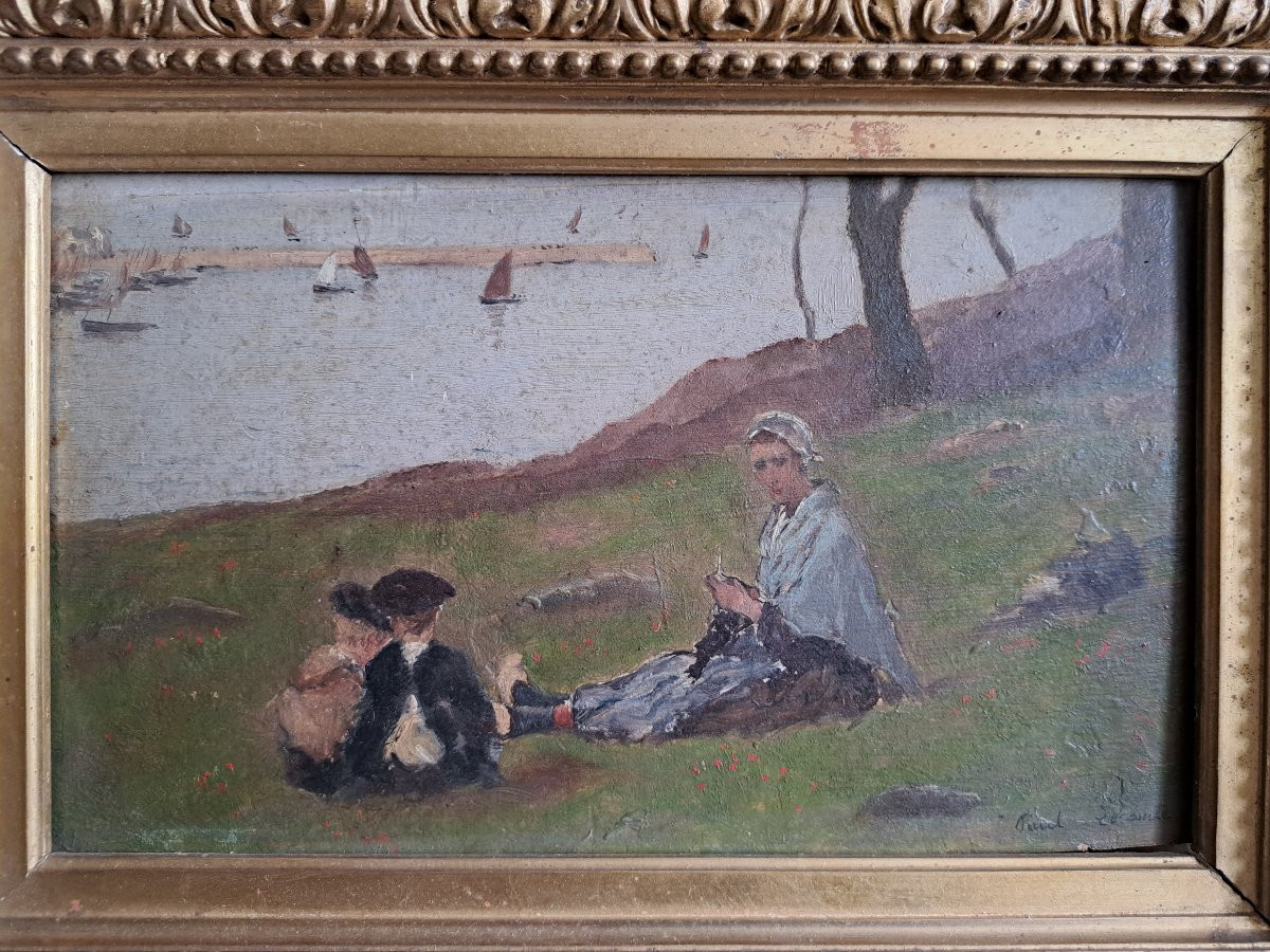 Paul Lecomte , Mère Et Enfants En Bord De Mer , Huile Sur Panneau , Fin XIX°. -photo-1