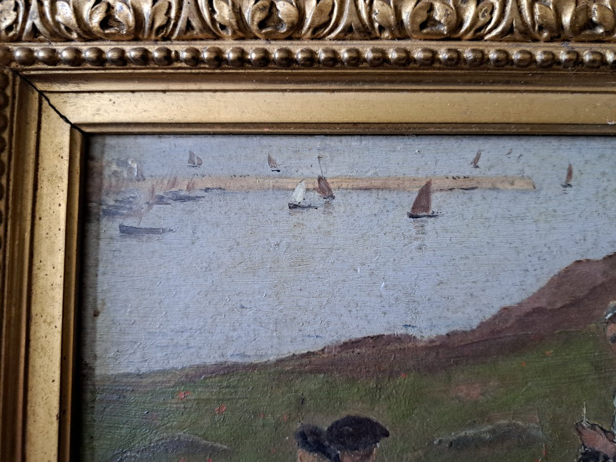 Paul Lecomte , Mère Et Enfants En Bord De Mer , Huile Sur Panneau , Fin XIX°. -photo-2