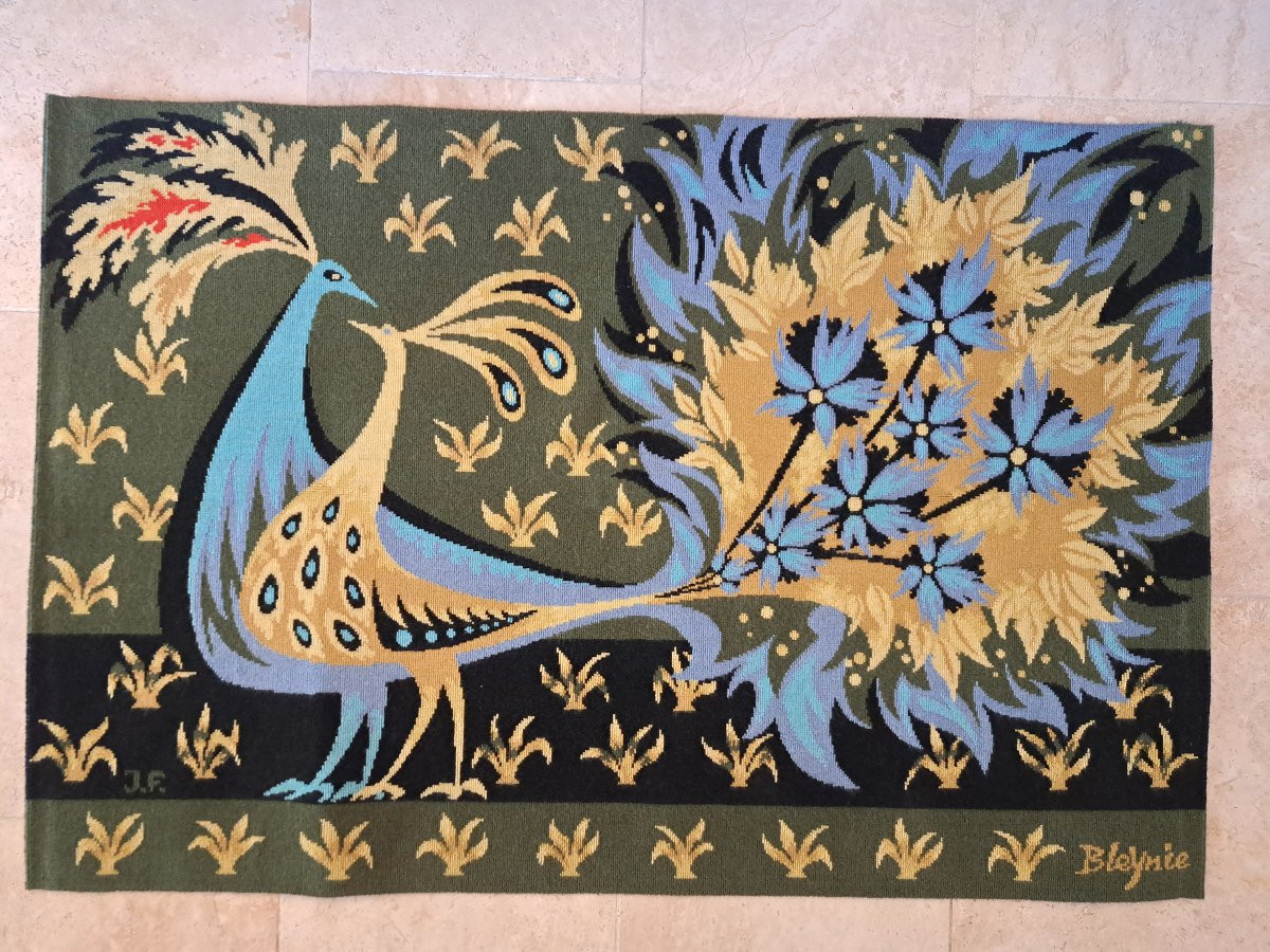 Claude Bleynie , Bouquet d'Oiseaux Bleu Vert , Tapisserie De Laine , Circa 1970 . -photo-2