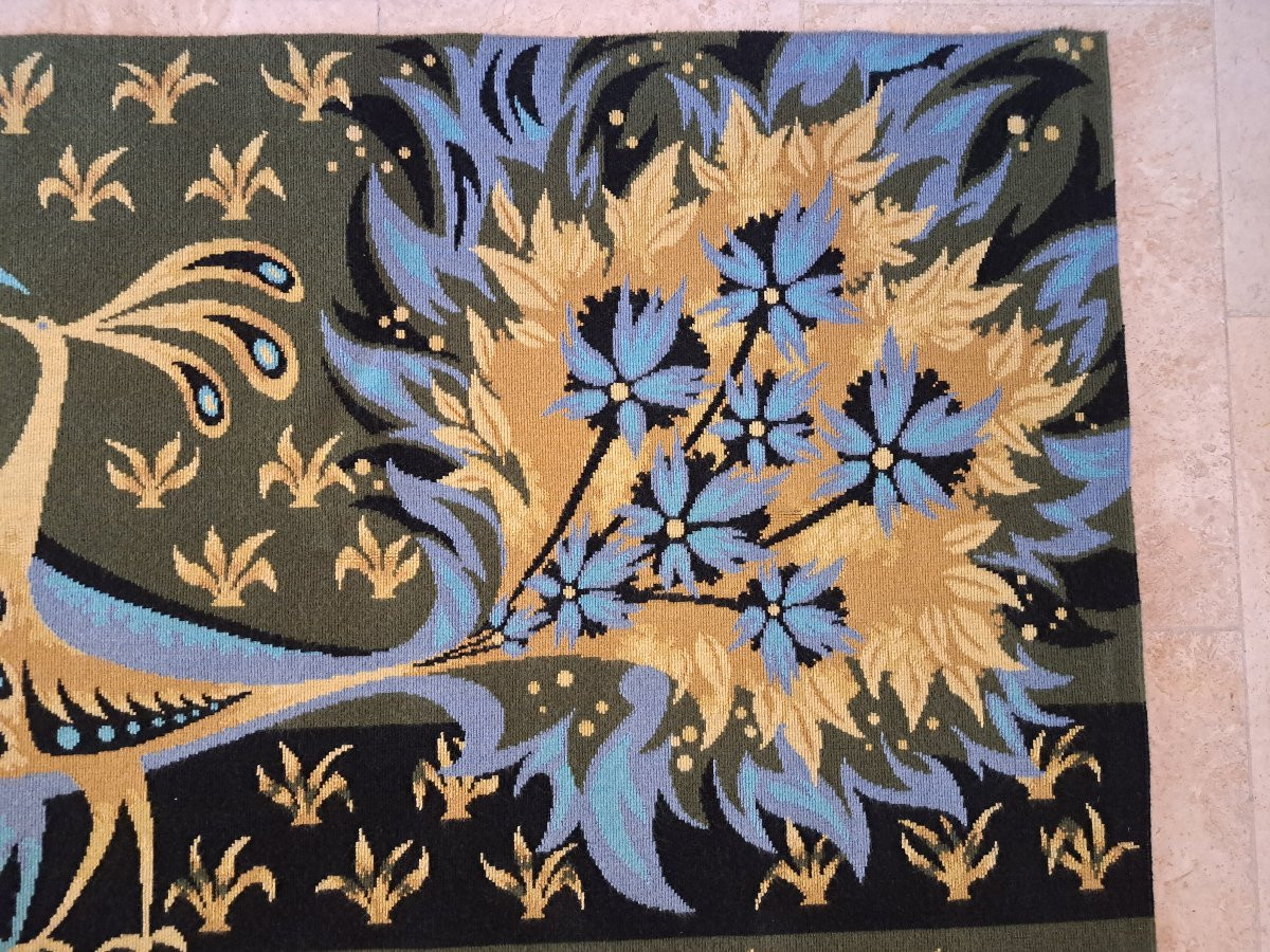 Claude Bleynie , Bouquet d'Oiseaux Bleu Vert , Tapisserie De Laine , Circa 1970 . -photo-4