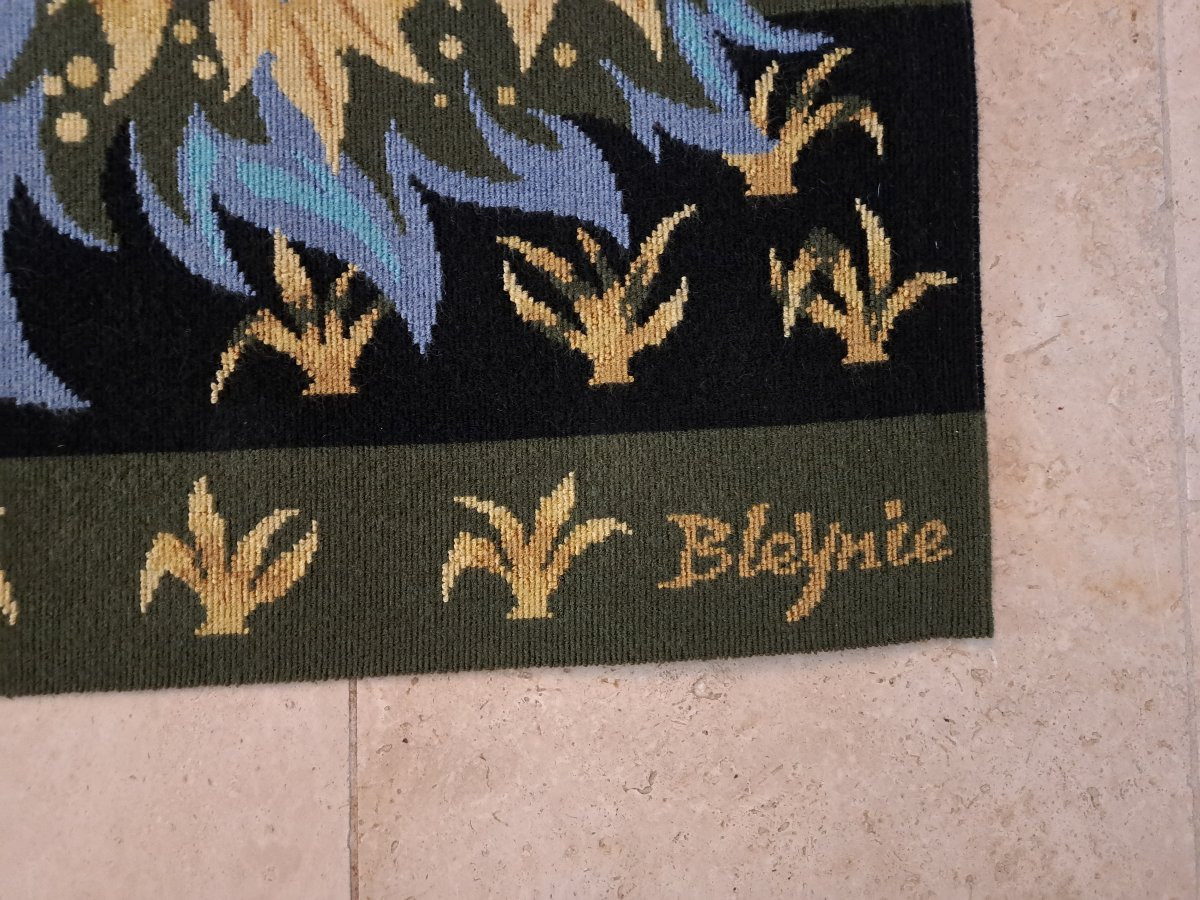 Claude Bleynie , Bouquet d'Oiseaux Bleu Vert , Tapisserie De Laine , Circa 1970 . -photo-1