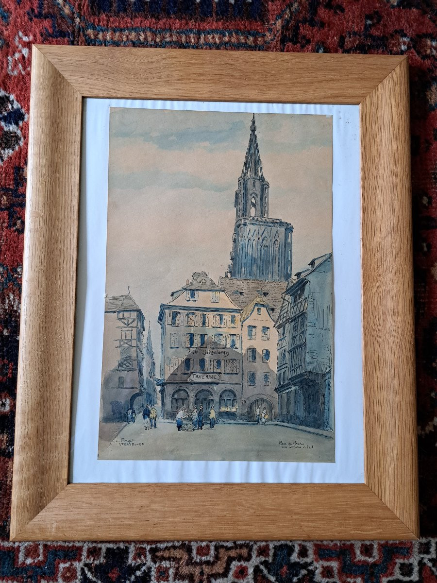 Charles Jean Forget (1886/1960). Strasbourg , Place du marché , Aquarelle , début XX°. -photo-2