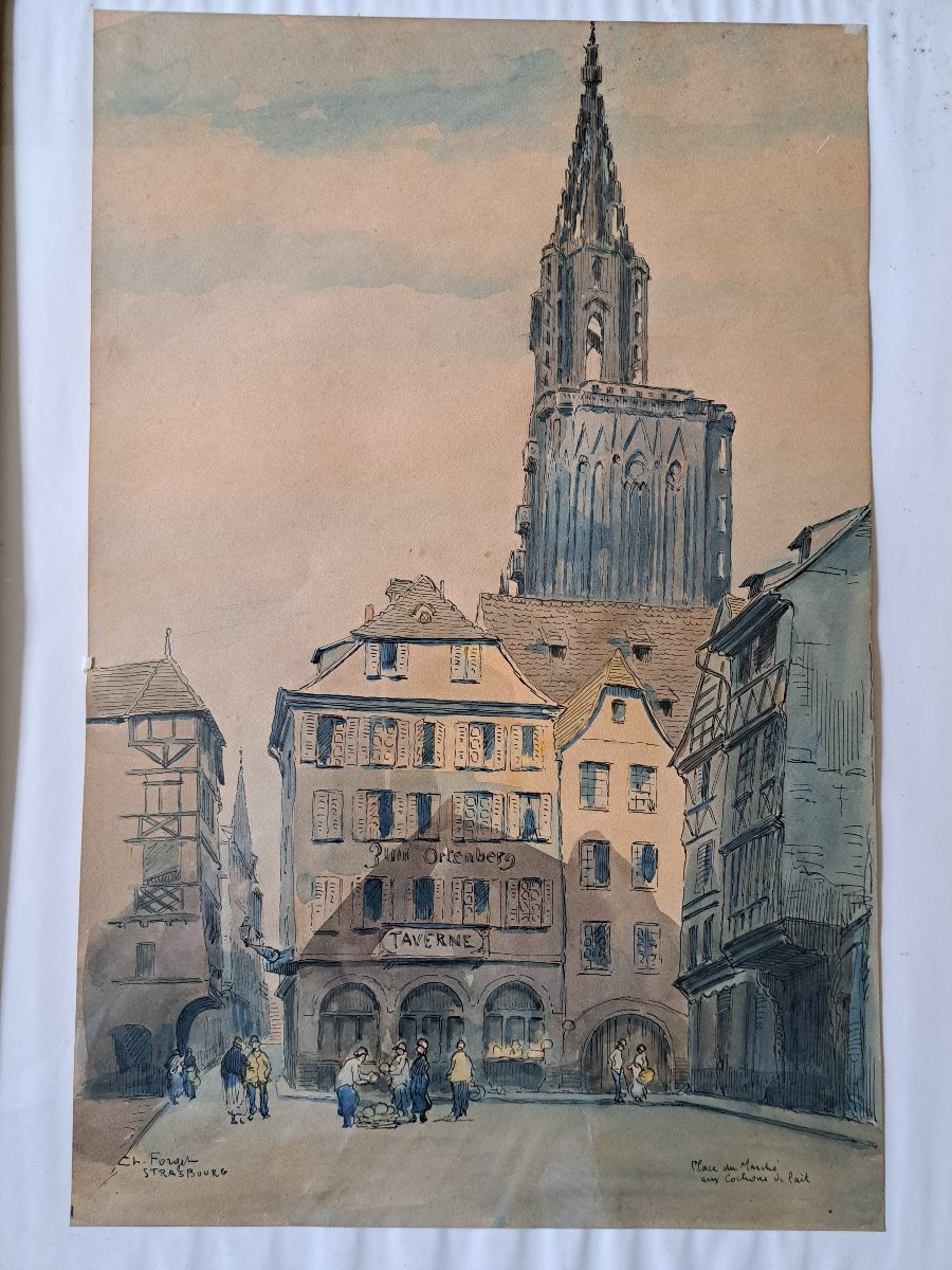 Charles Jean Forget (1886/1960). Strasbourg , Place du marché , Aquarelle , début XX°. -photo-3