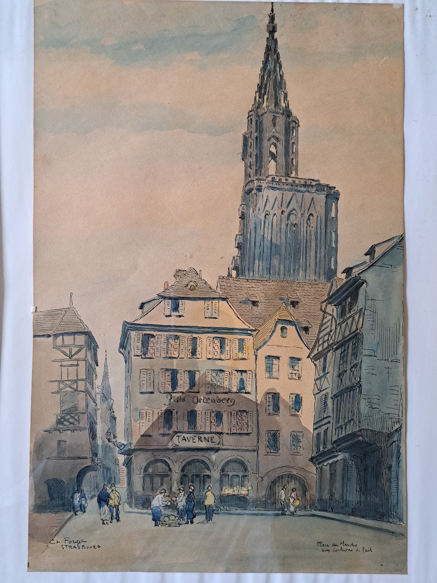 Charles Jean Forget (1886/1960). Strasbourg , Place du marché , Aquarelle , début XX°. -photo-4