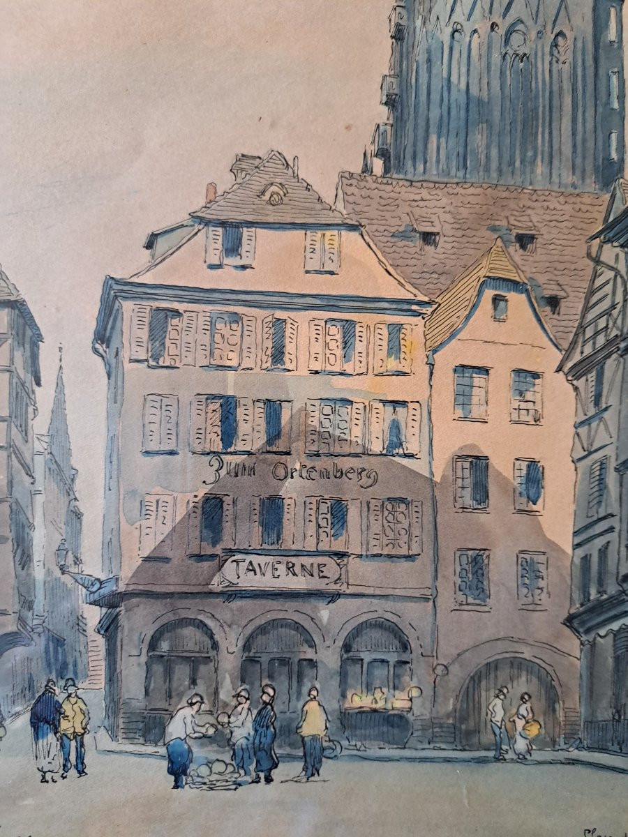 Charles Jean Forget (1886/1960). Strasbourg , Place du marché , Aquarelle , début XX°. -photo-1