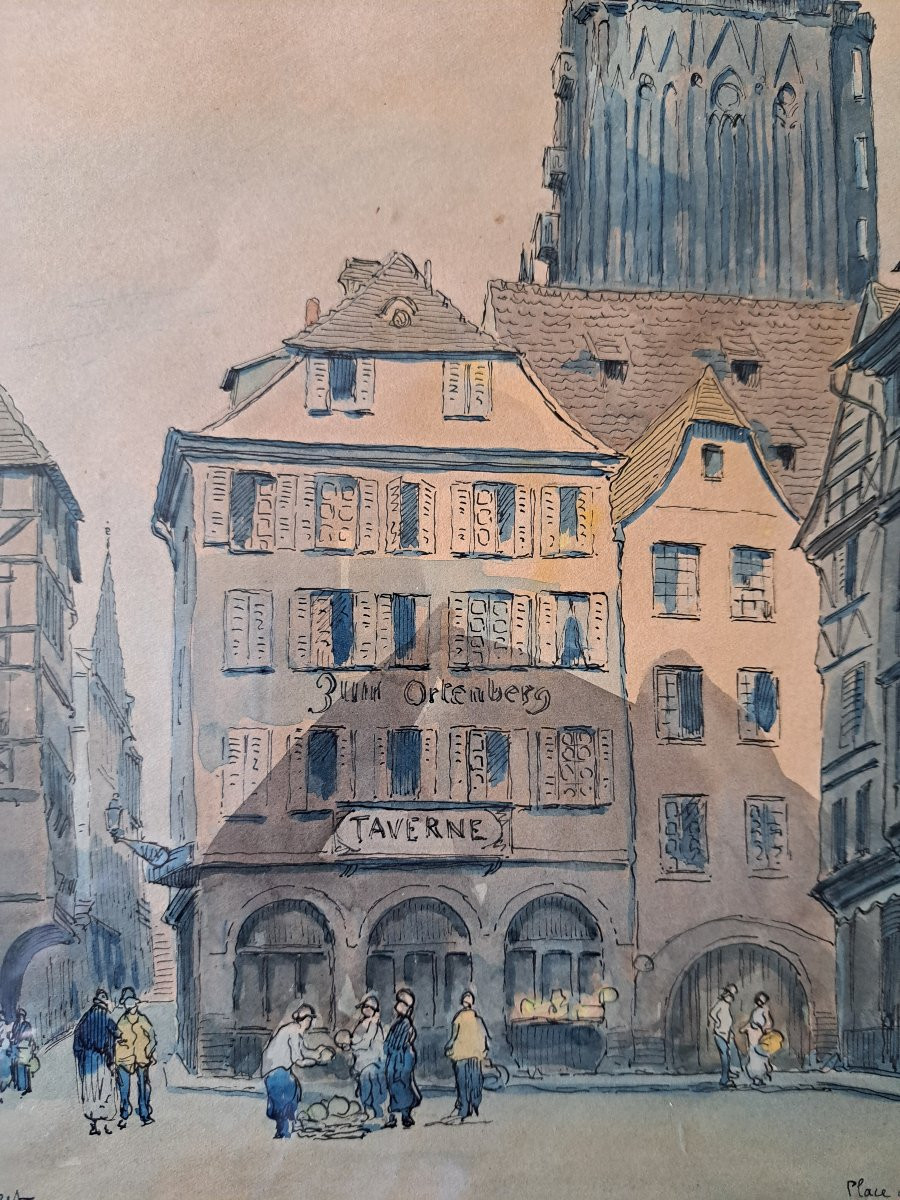 Charles Jean Forget (1886/1960). Strasbourg , Place du marché , Aquarelle , début XX°. -photo-2