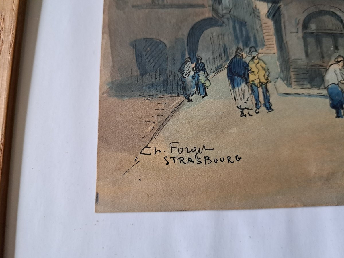 Charles Jean Forget (1886/1960). Strasbourg , Place du marché , Aquarelle , début XX°. -photo-3