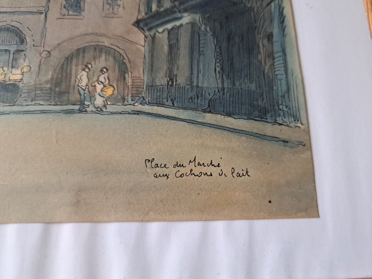 Charles Jean Forget (1886/1960). Strasbourg , Place du marché , Aquarelle , début XX°. -photo-4