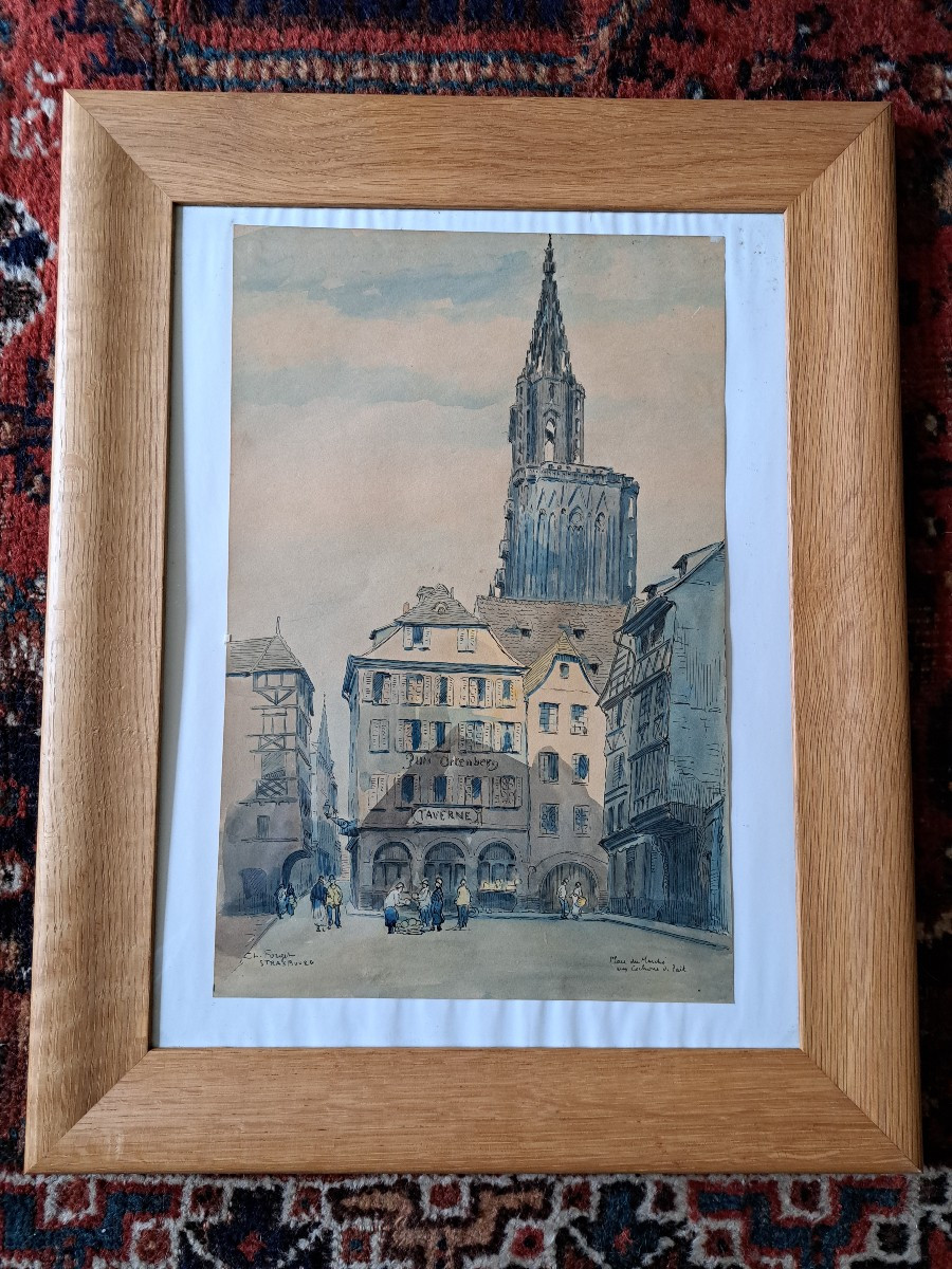 Charles Jean Forget (1886/1960). Strasbourg , Place du marché , Aquarelle , début XX°. 