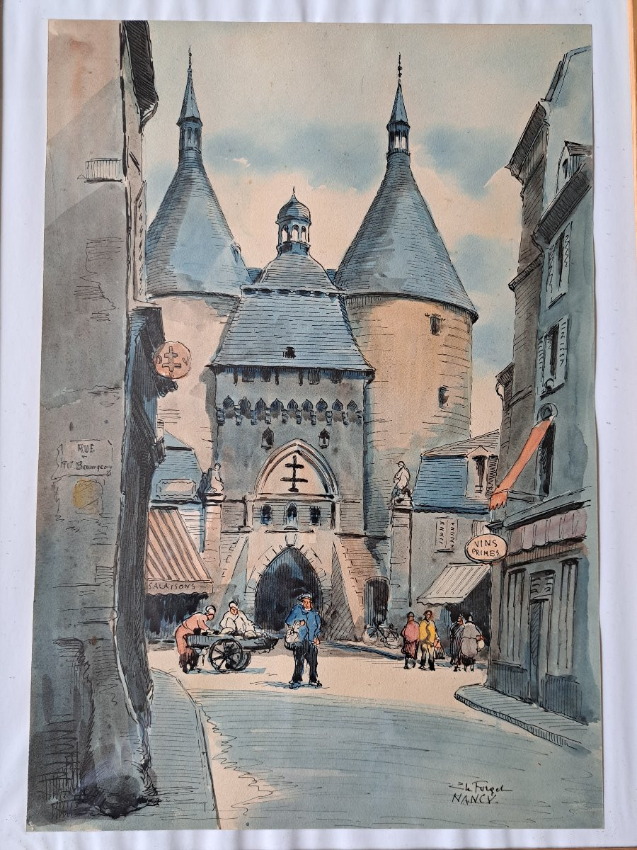 Charles Jean Forget (1886/1960). Nancy, Porte De La Craffe, Watercolor, Early 20th Century. -photo-4