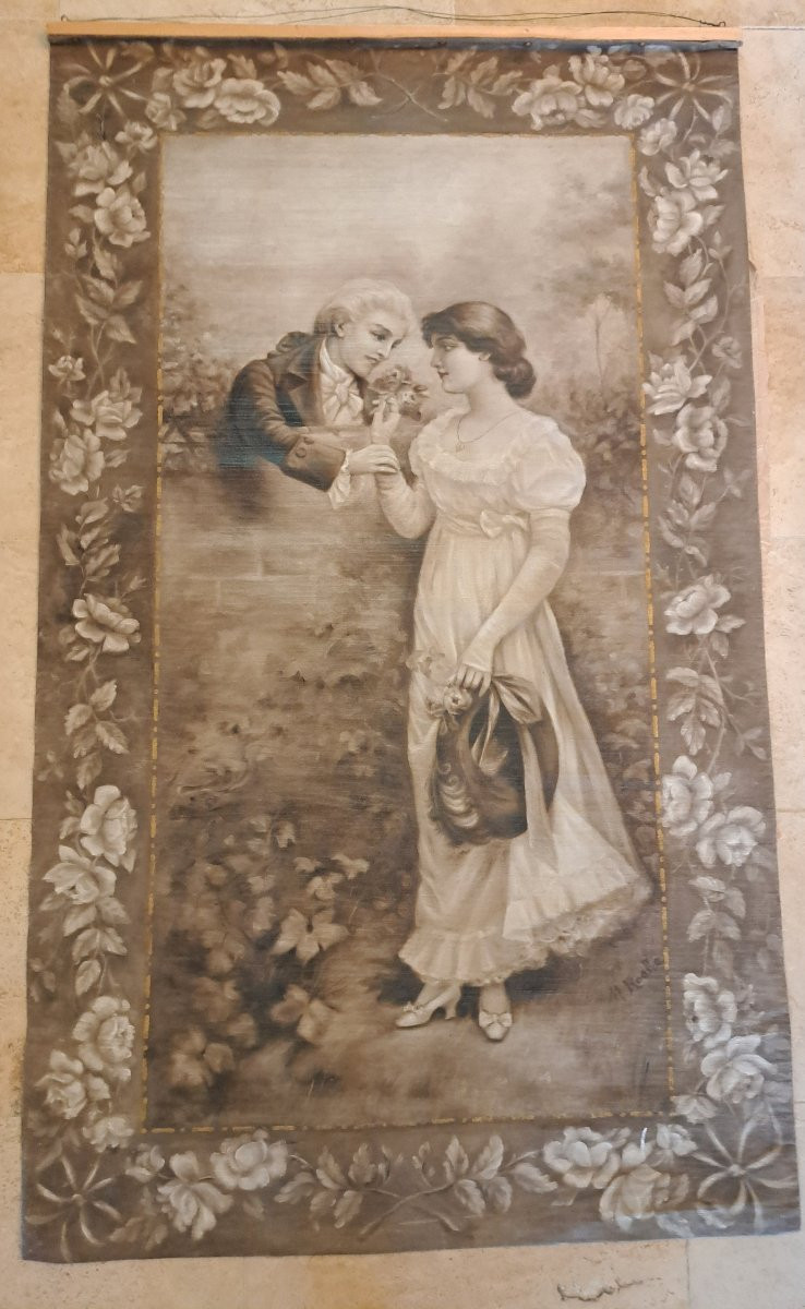 M.Roche , Couple romantique , Toile peinte , Début XX°. -photo-3