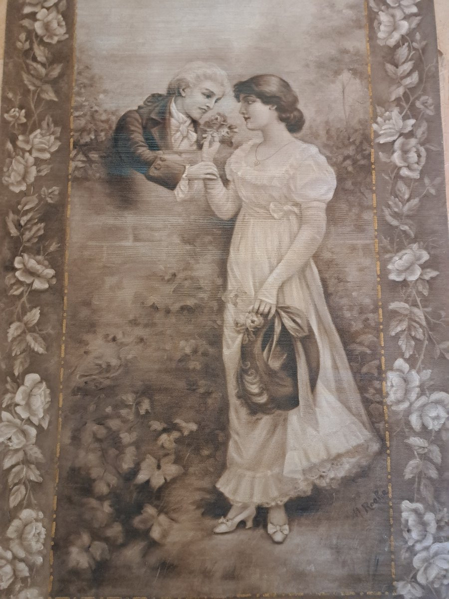 M.Roche , Couple romantique , Toile peinte , Début XX°. -photo-3