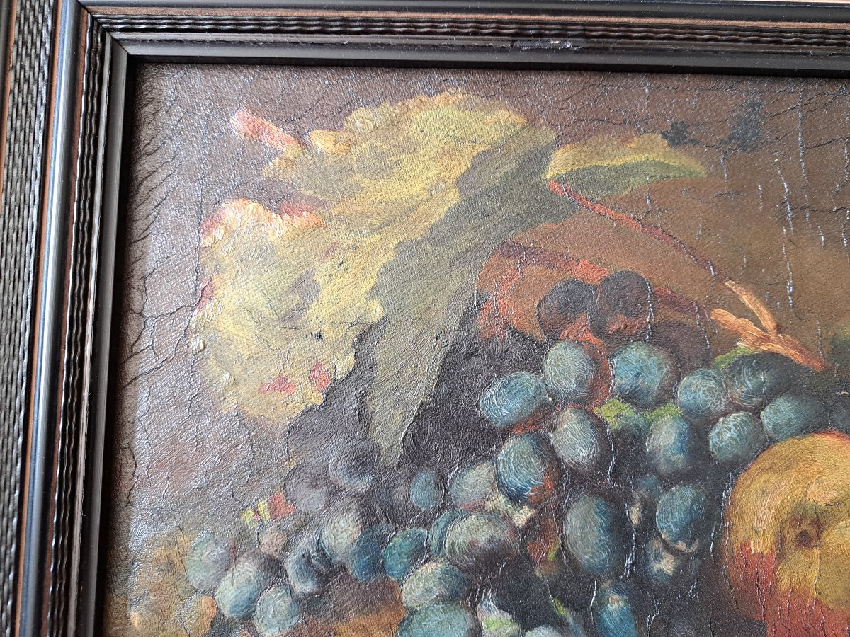 Still Life With Peaches And Grapes, Oil On Canvas, 19th Century. -photo-5