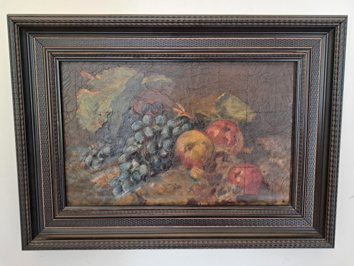 Still Life With Peaches And Grapes, Oil On Canvas, 19th Century. 