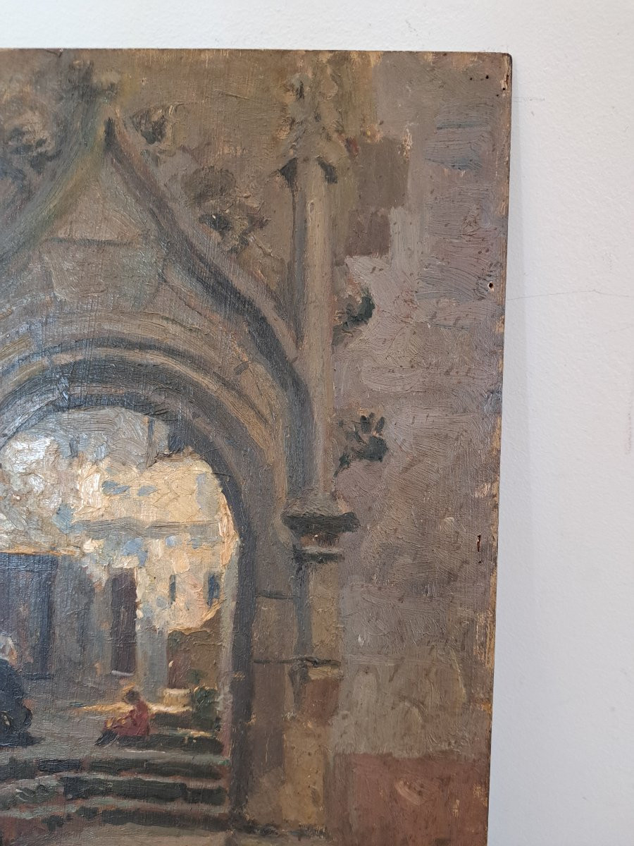 Old Door In Quimper, Attributed To Emma Herland, Oil On Panel, 19th/20th Century. -photo-2