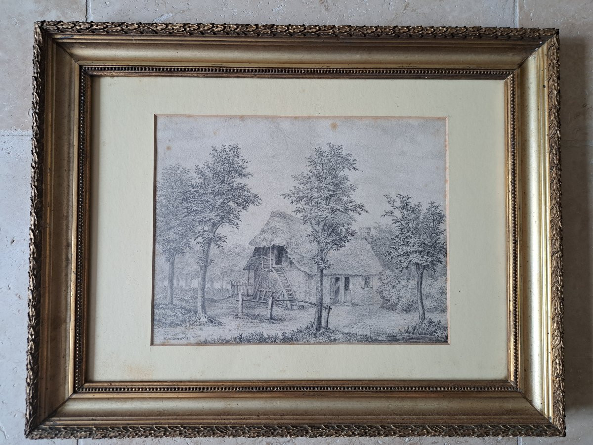 Chaumière , Dessin , crayon , Signé , XIX°. -photo-2