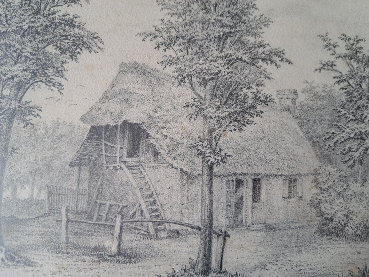 Chaumière , Dessin , crayon , Signé , XIX°. -photo-4