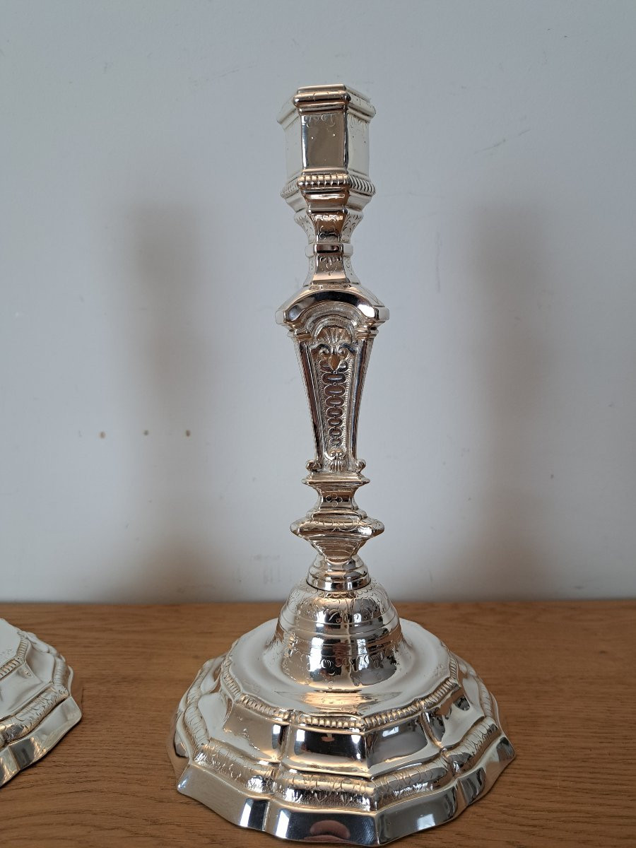 Paire de bougeoirs Louis XIV , Bronze argenté , Début XVIII°. -photo-2