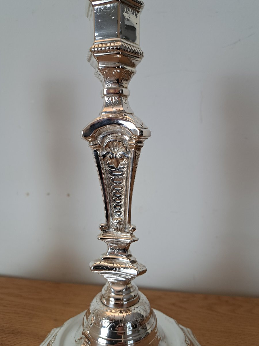 Paire de bougeoirs Louis XIV , Bronze argenté , Début XVIII°. -photo-3