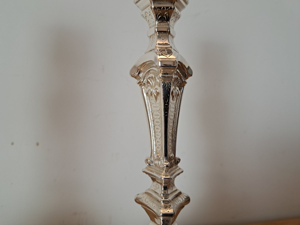 Paire de bougeoirs Louis XIV , Bronze argenté , Début XVIII°. -photo-3