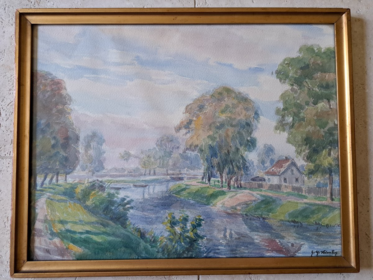 Gustave Müller-valentin, Rhine And Rhône Canal, Watercolor, 20th Century. -photo-2