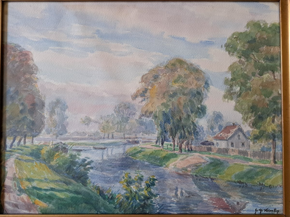 Gustave Müller-valentin, Rhine And Rhône Canal, Watercolor, 20th Century. -photo-3