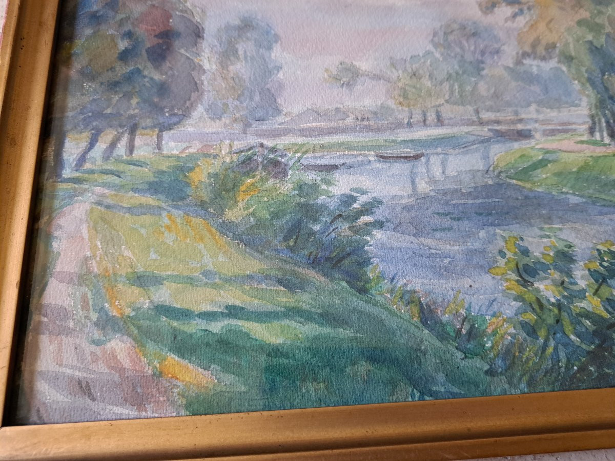 Gustave Müller-valentin, Rhine And Rhône Canal, Watercolor, 20th Century. -photo-1