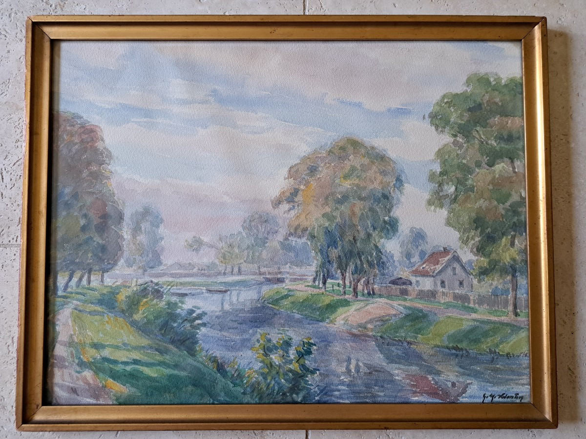 Gustave Müller-valentin, Rhine And Rhône Canal, Watercolor, 20th Century. 